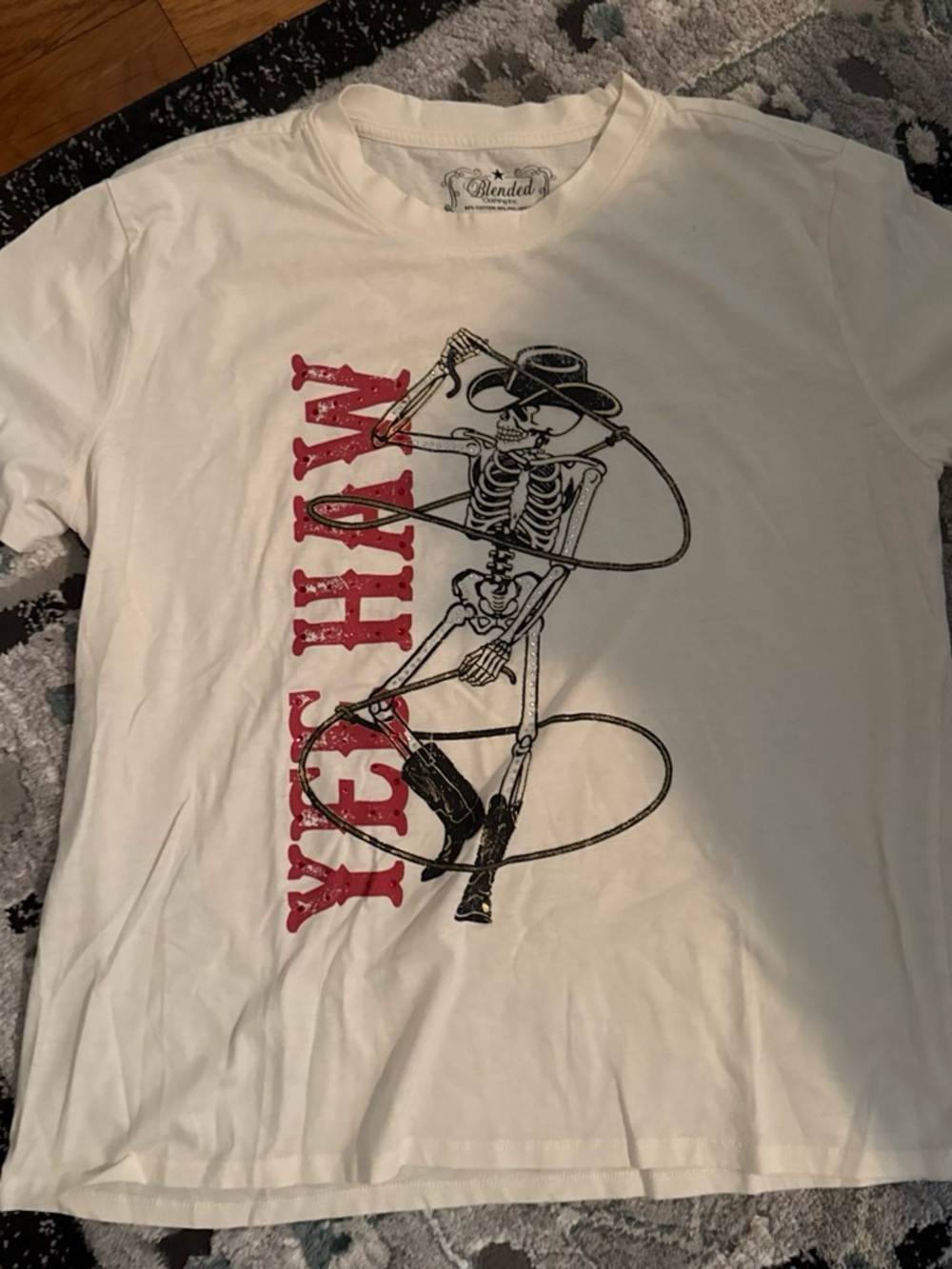 White Graphic Tee with Cowboy Skeleton and 'Yeehaw'